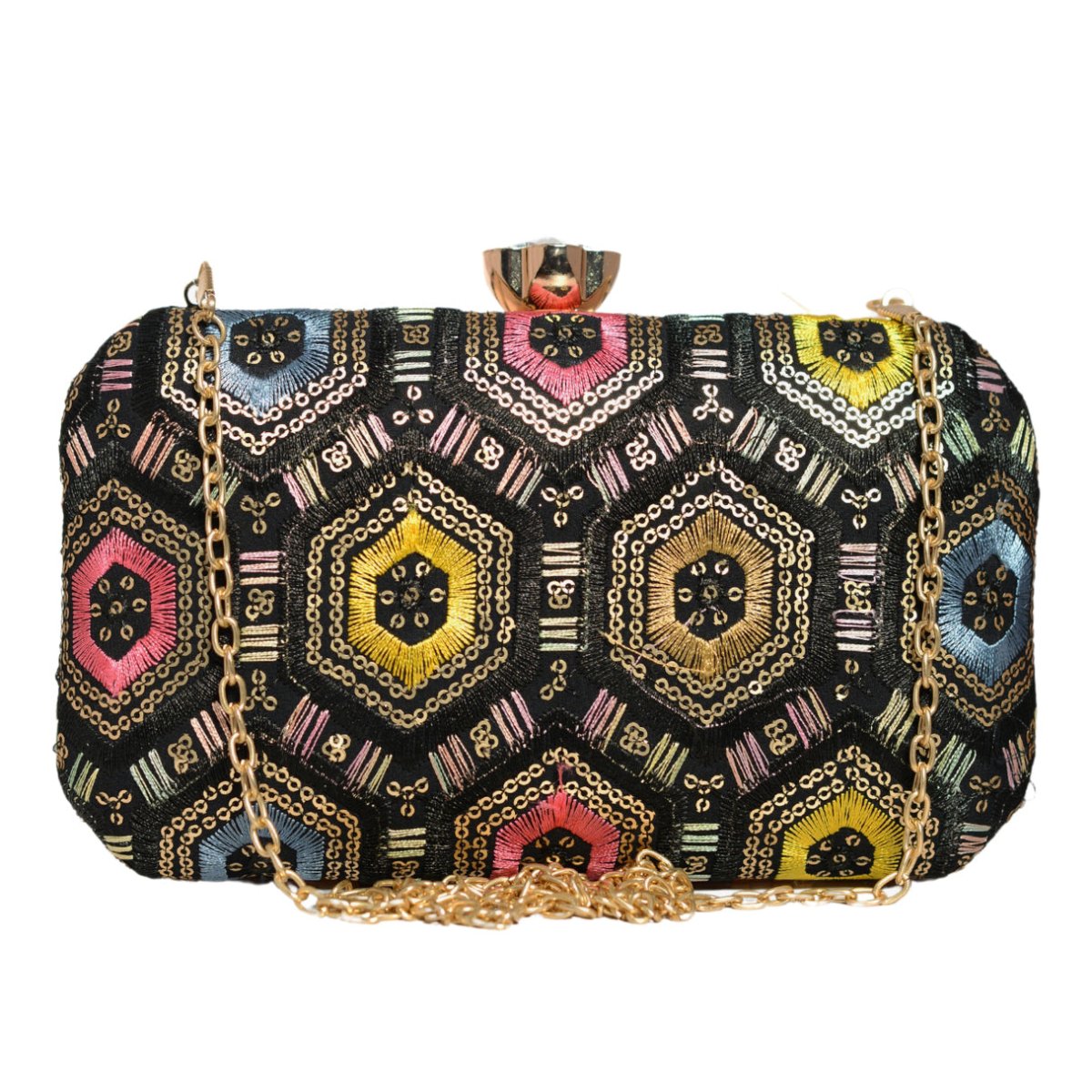 Black Rectangle Sequins Embroidery Clutch