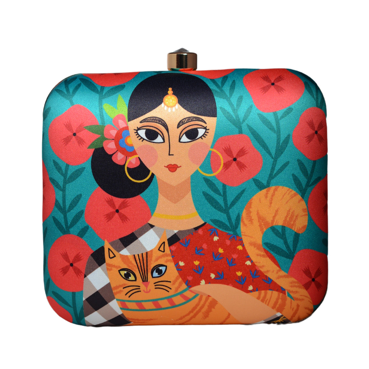 Lady With Cat Printed Clutch