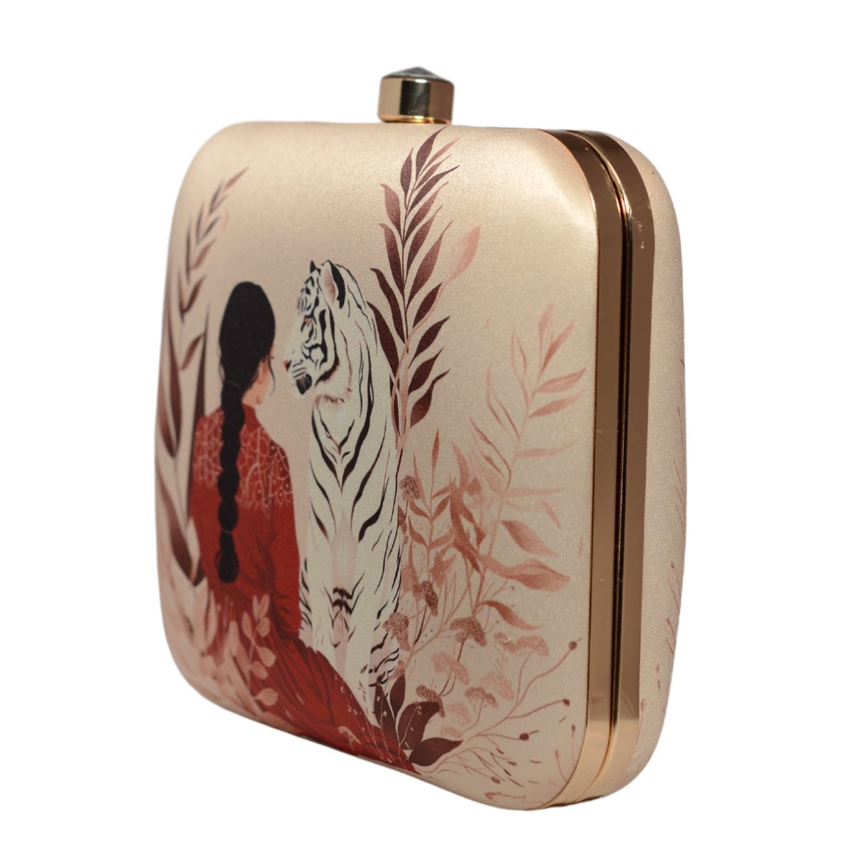 Lady With White Tiger Printed Clutch