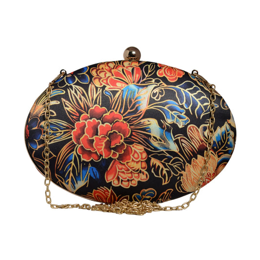 Red and Blue Floral Printed Oval Clutch