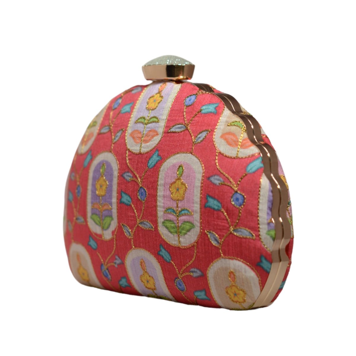 Red Floral Printed Zari Embroidery Clutch