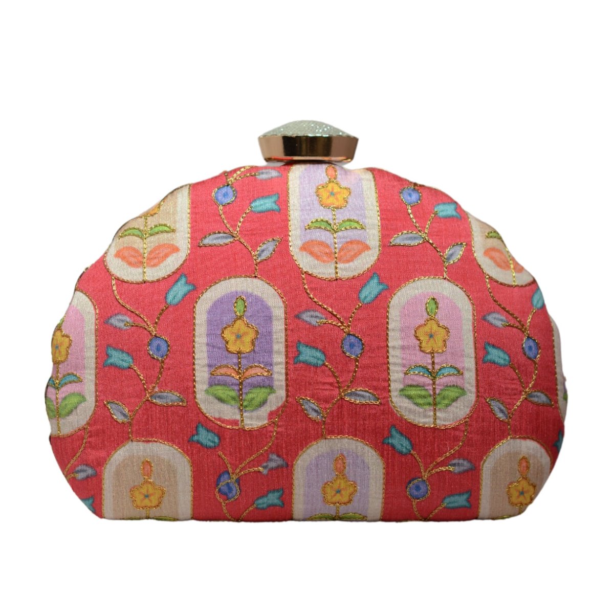 Red Floral Printed Zari Embroidery Clutch
