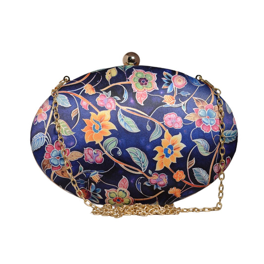 Blue Floral Printed Oval Clutch