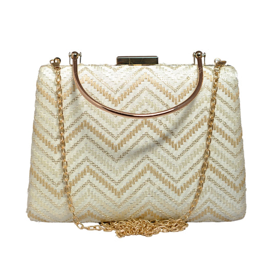 White And Golden Zigzag Embroidery Clutch
