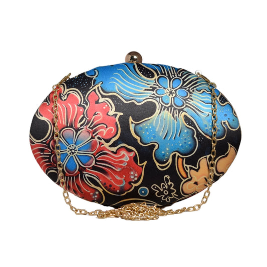 Blue And Red Floral Printed Oval Clutch