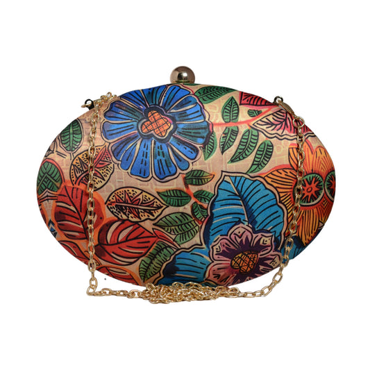 Orange And Blue Floral Printed Oval Clutch