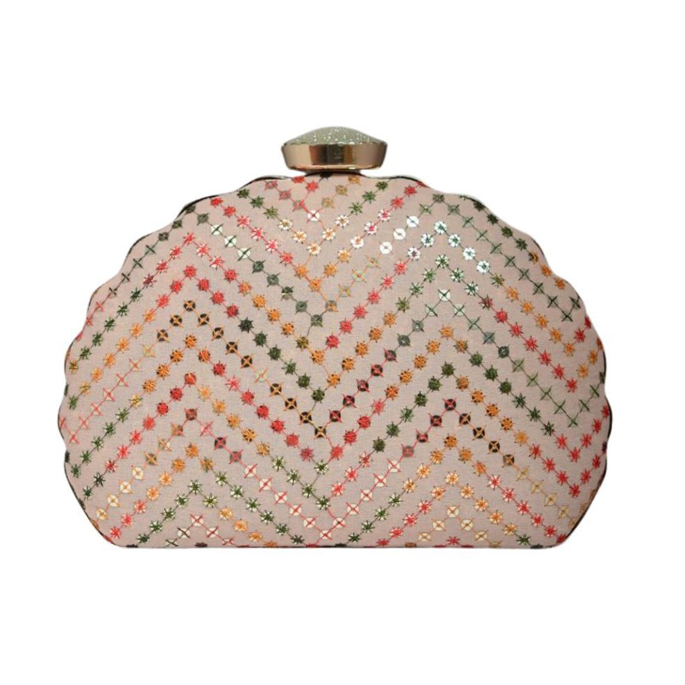 Artklim Beige Sequins Embroidered D-shape Clutch