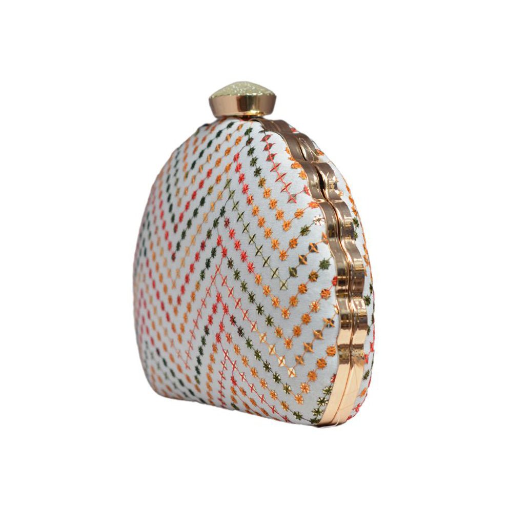 Artklim White Sequins Embroidered D-shape Clutch