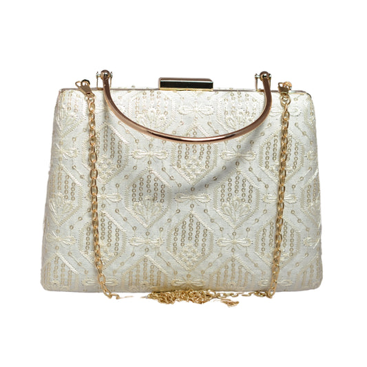 White Sequins And Thread Embroidery Clutch