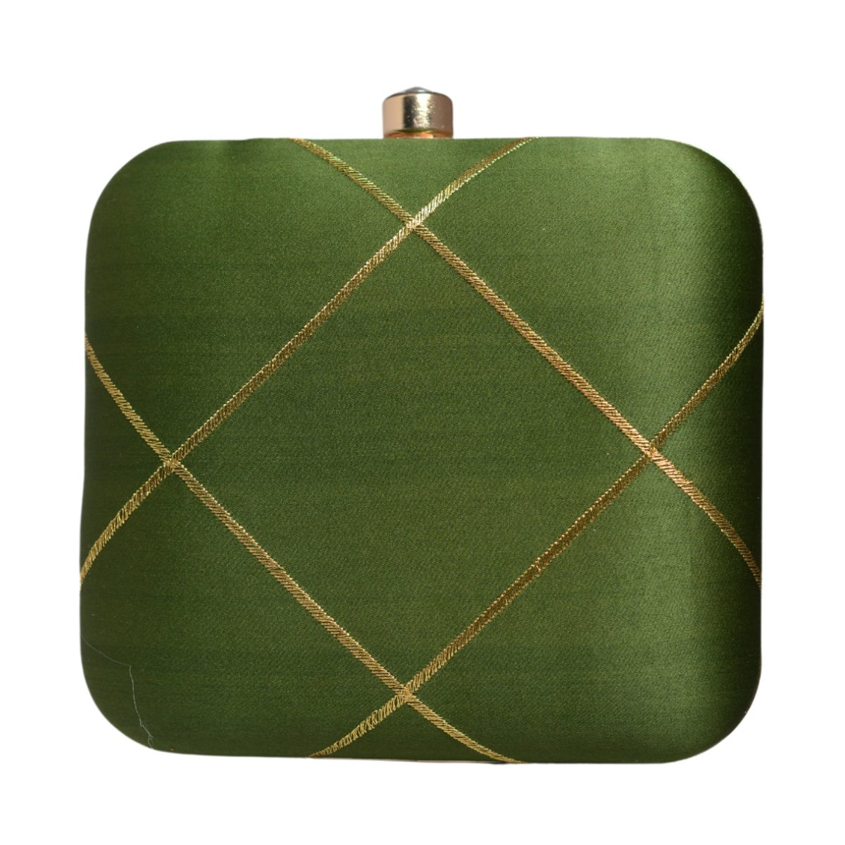 Olive Green And Golden Checks Embroidery Clutch