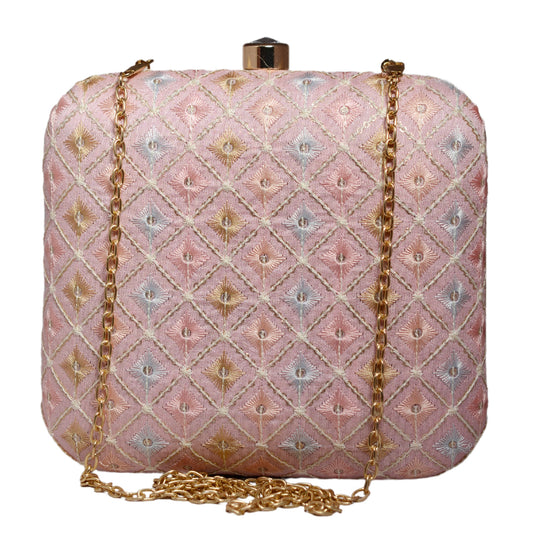 Pink Threadwork Embroidery Party Clutch