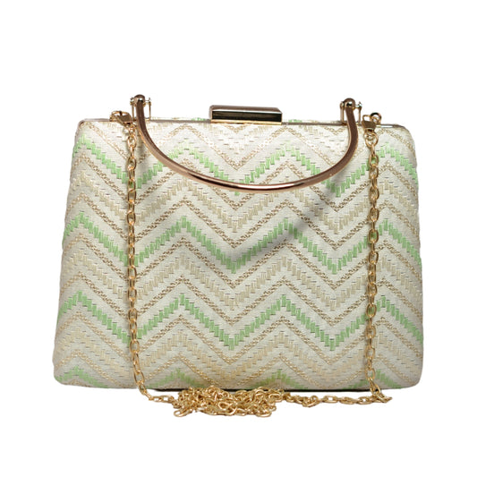 White And Green Zigzag Embroidery Clutch
