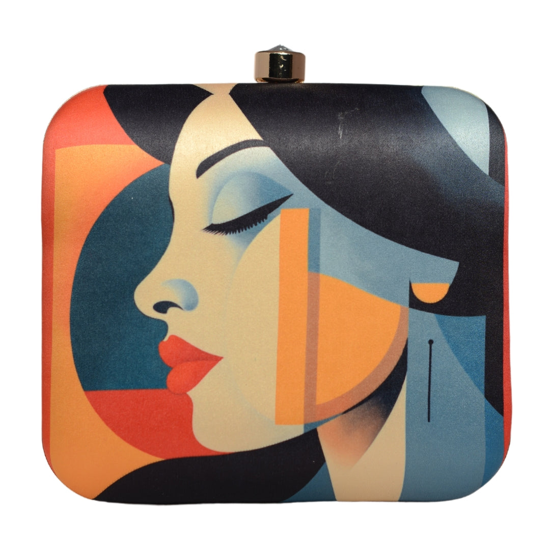 Multicoloured Side Face Women Portrait Printed Clutch