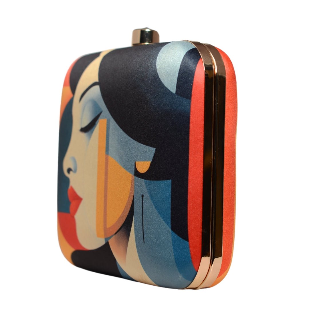 Multicoloured Side Face Women Portrait Printed Clutch