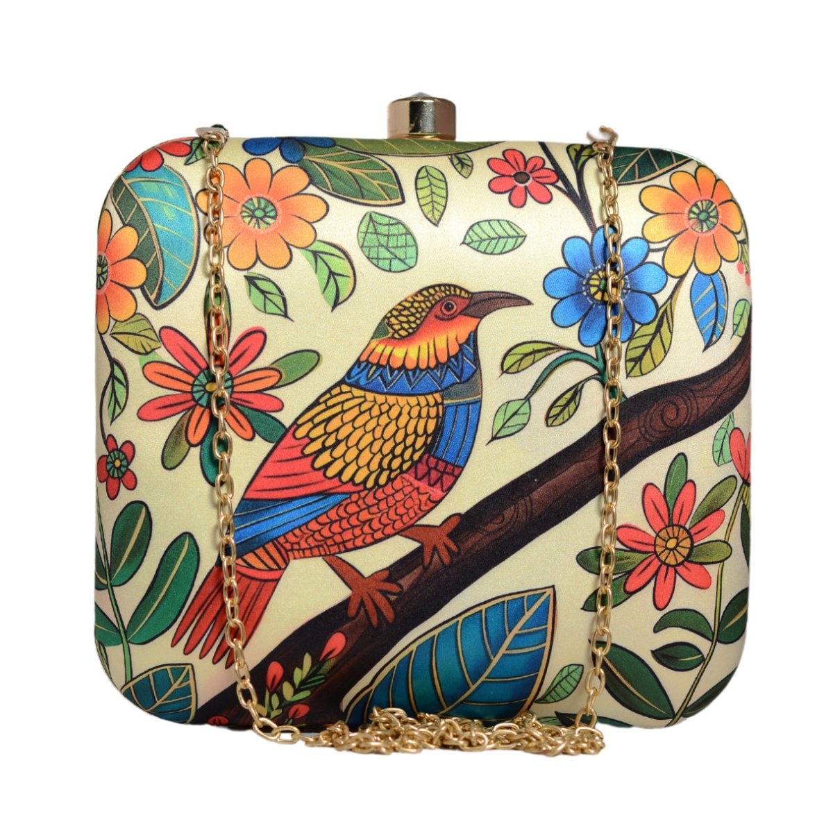 Beige Flower And Bird Printed Clutch