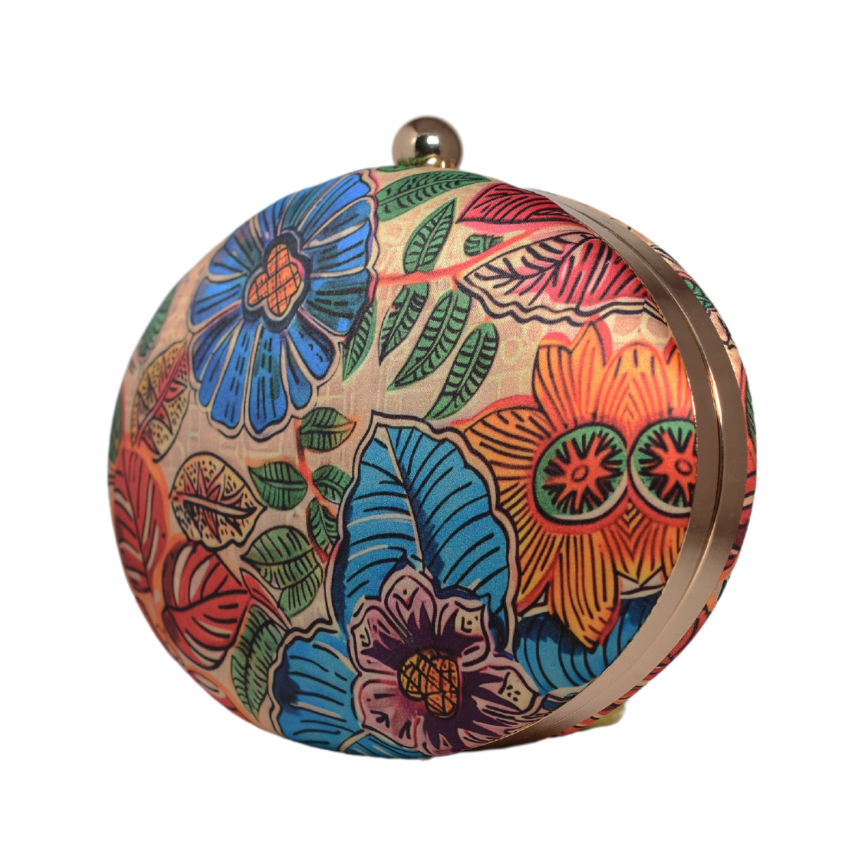 Orange And Blue Floral Printed Oval Clutch