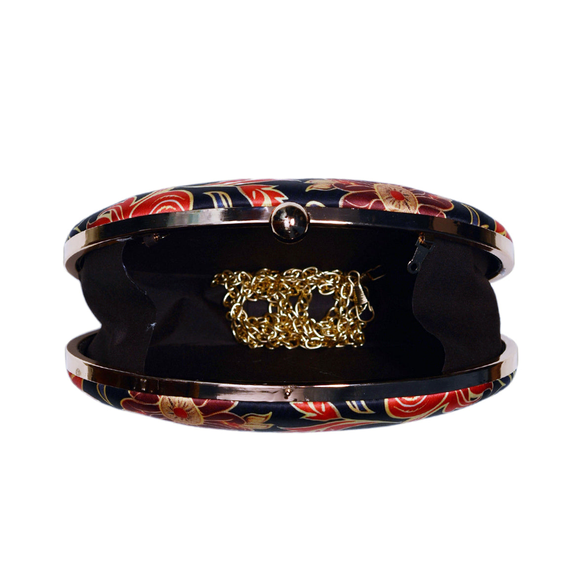 Red And Golden Floral Printed Oval Clutch