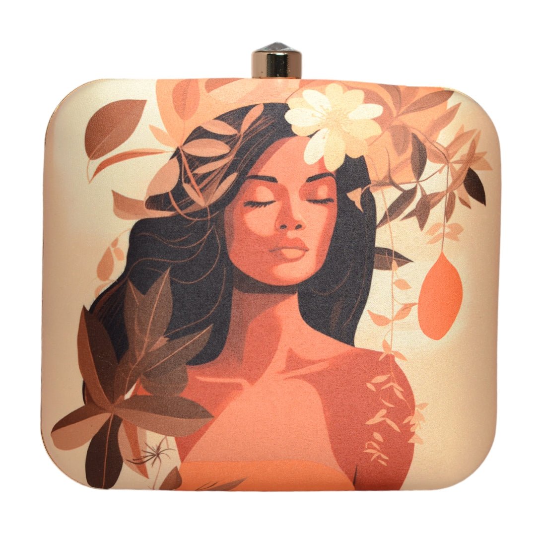 Beige Floral Women Portrait Printed Clutch