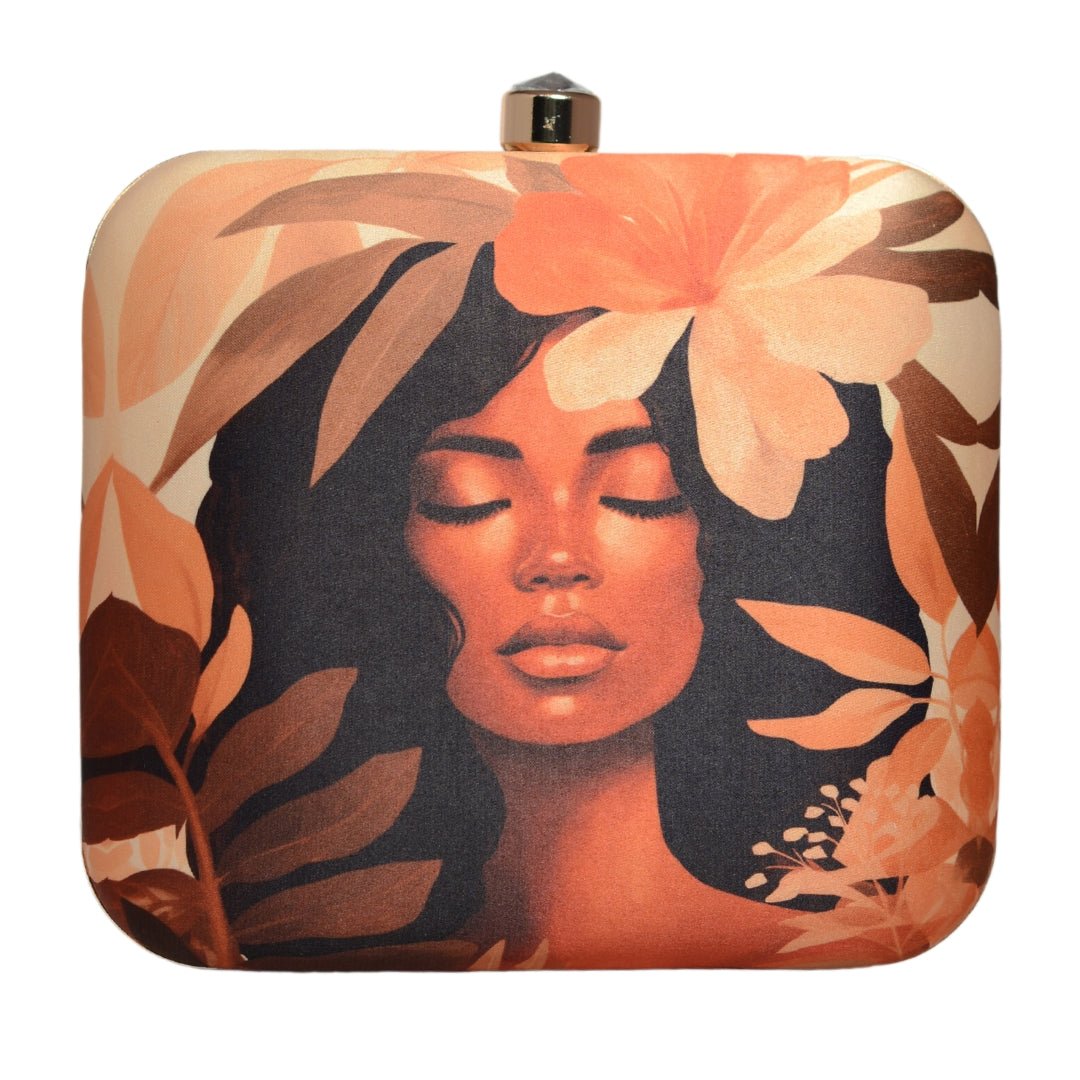 Beige Floral Afro Women Portrait Printed Clutch