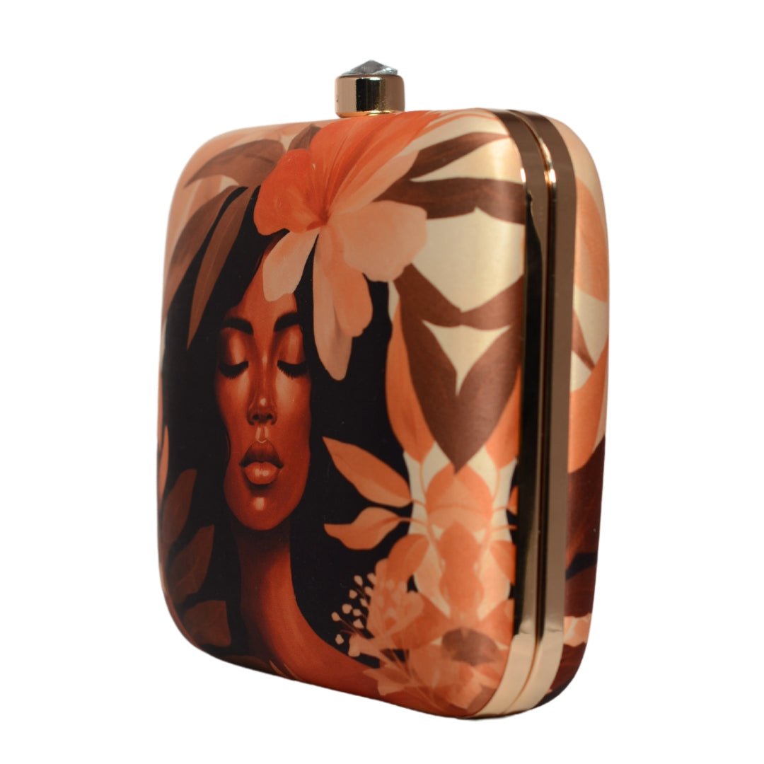 Beige Floral Afro Women Portrait Printed Clutch