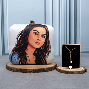 Artklim Gifting Combo: Personalised Clutch Bag & Gold Plated Heart Pearl Pendant