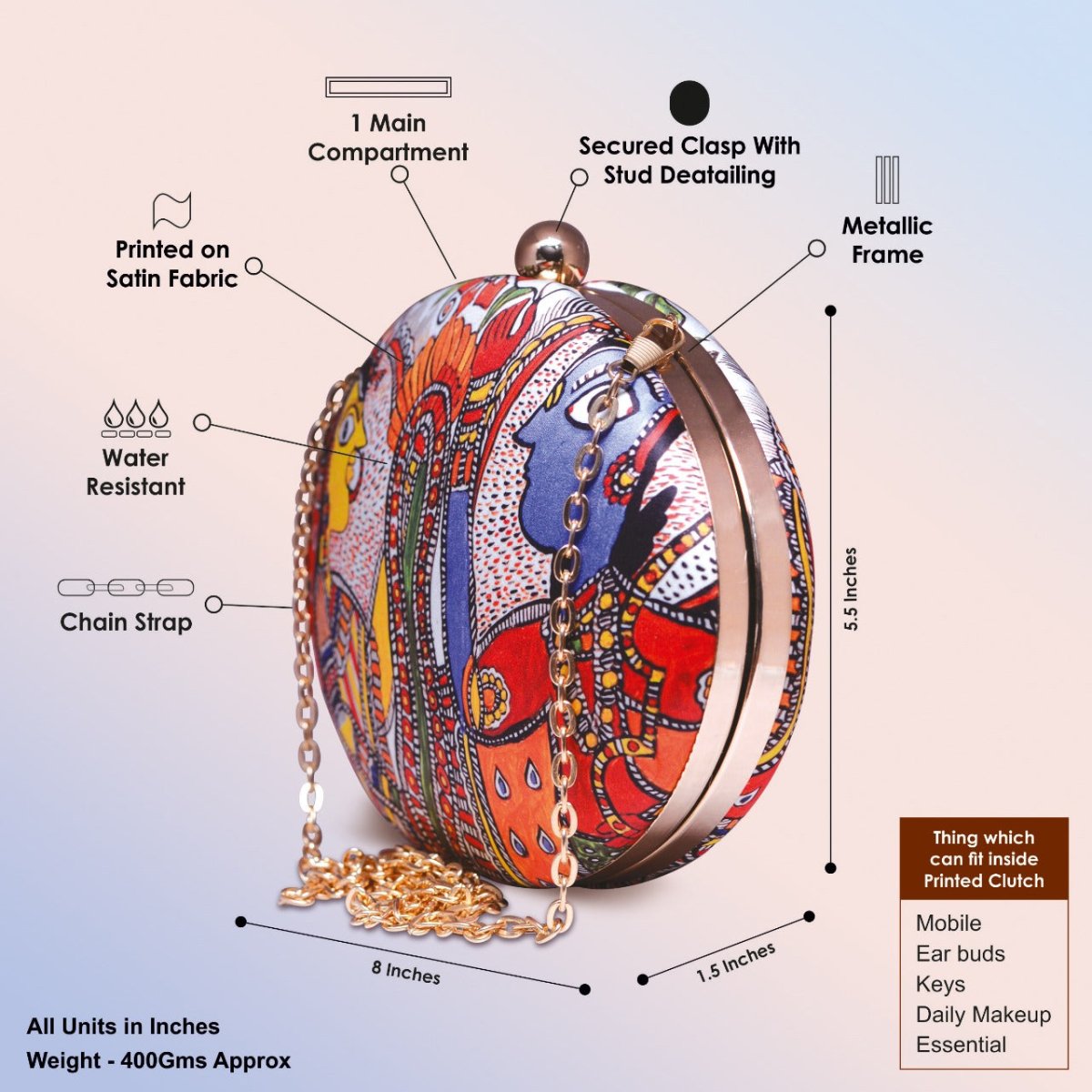 Artklim Madhubani Print Oval clutch