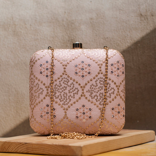 Pink Multipattern Sequins Embroidery Clutch