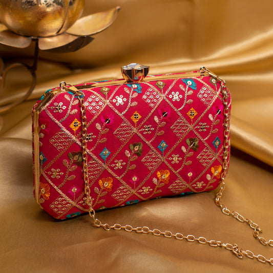 Red Sequins Floral Embroidery Party Clutch