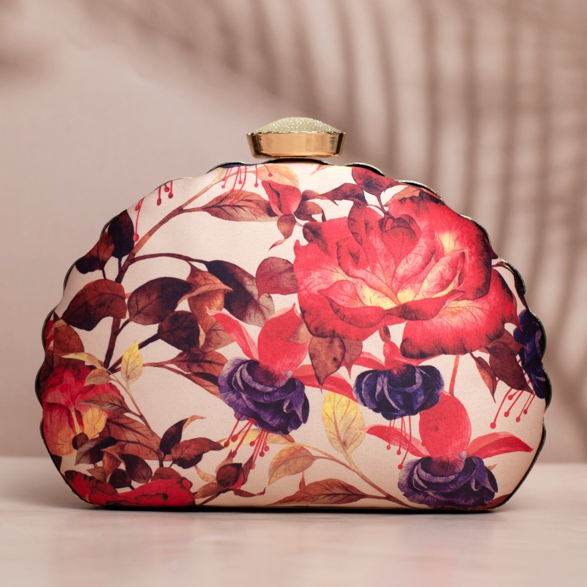 Artklim Beige Based Floral Printed D-shape Clutch