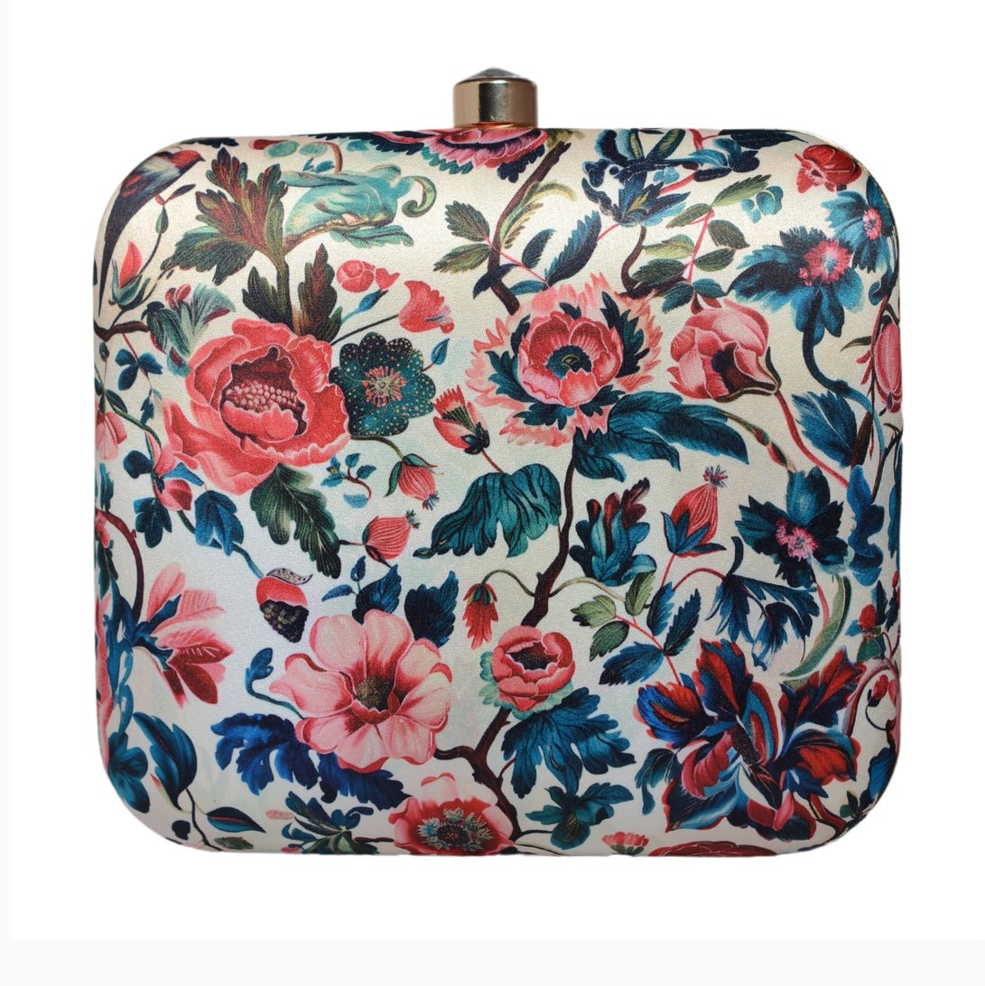 White Based Pink Floral Printed Clutch