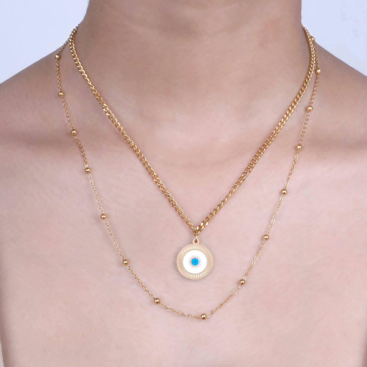 Artklim Gold Plated Dual Layered Round Evil Eye Pendant Necklace