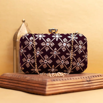Wine Mirror Sequins Rectangle Embroidery Clutch