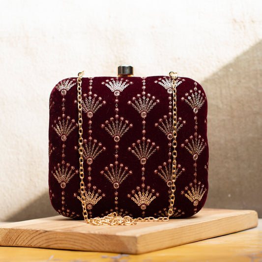 Maroon And Golden Sequins Embroidery Clutch