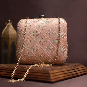 Artklim Peach Sequins Embroidery Party Clutch