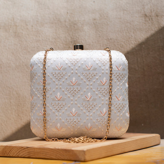 White Threadwork Embroidery Party Clutch