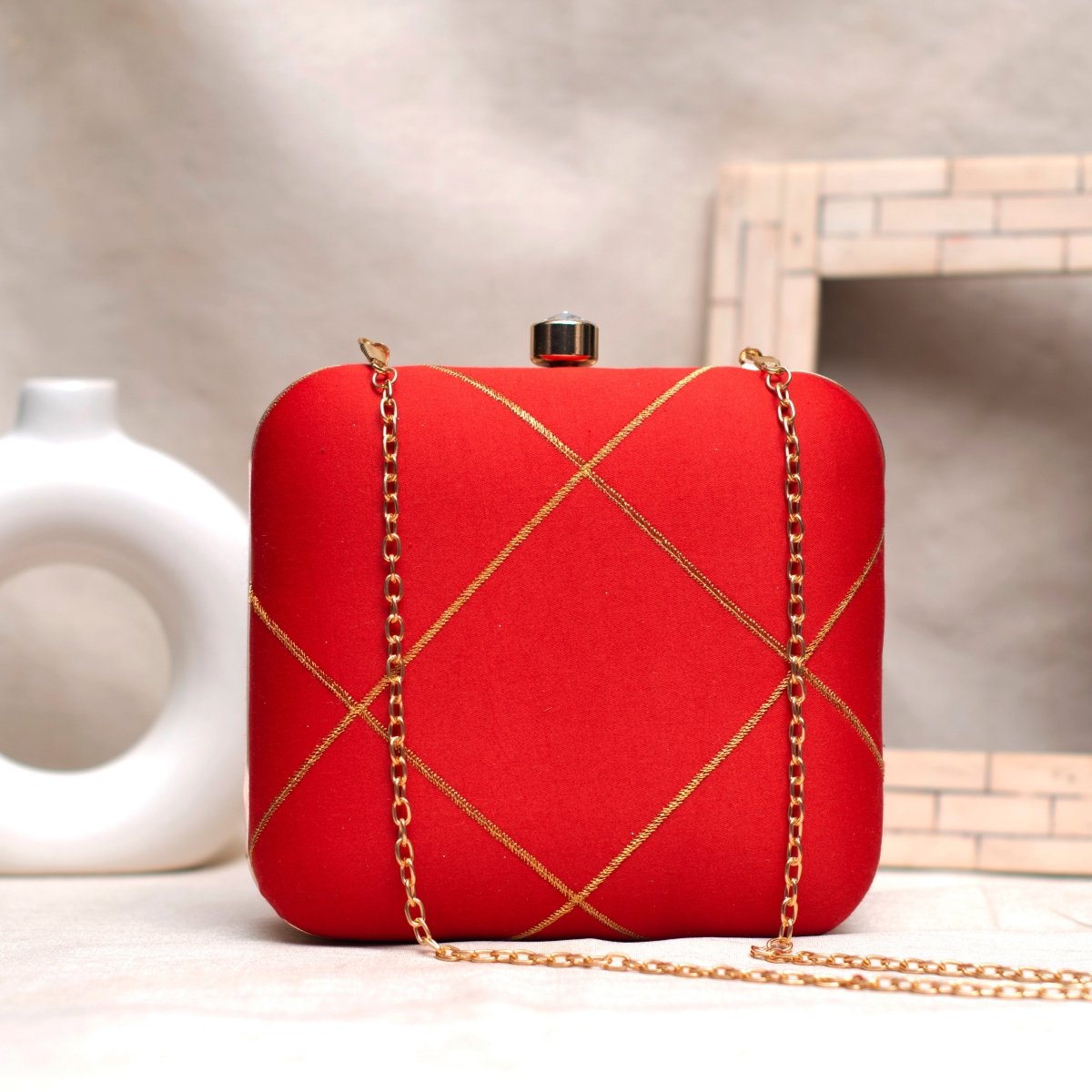 Red And Golden Checks Embroidery Clutch