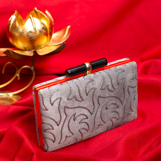 Grey Multipattern Sequins Embroidery Clutch
