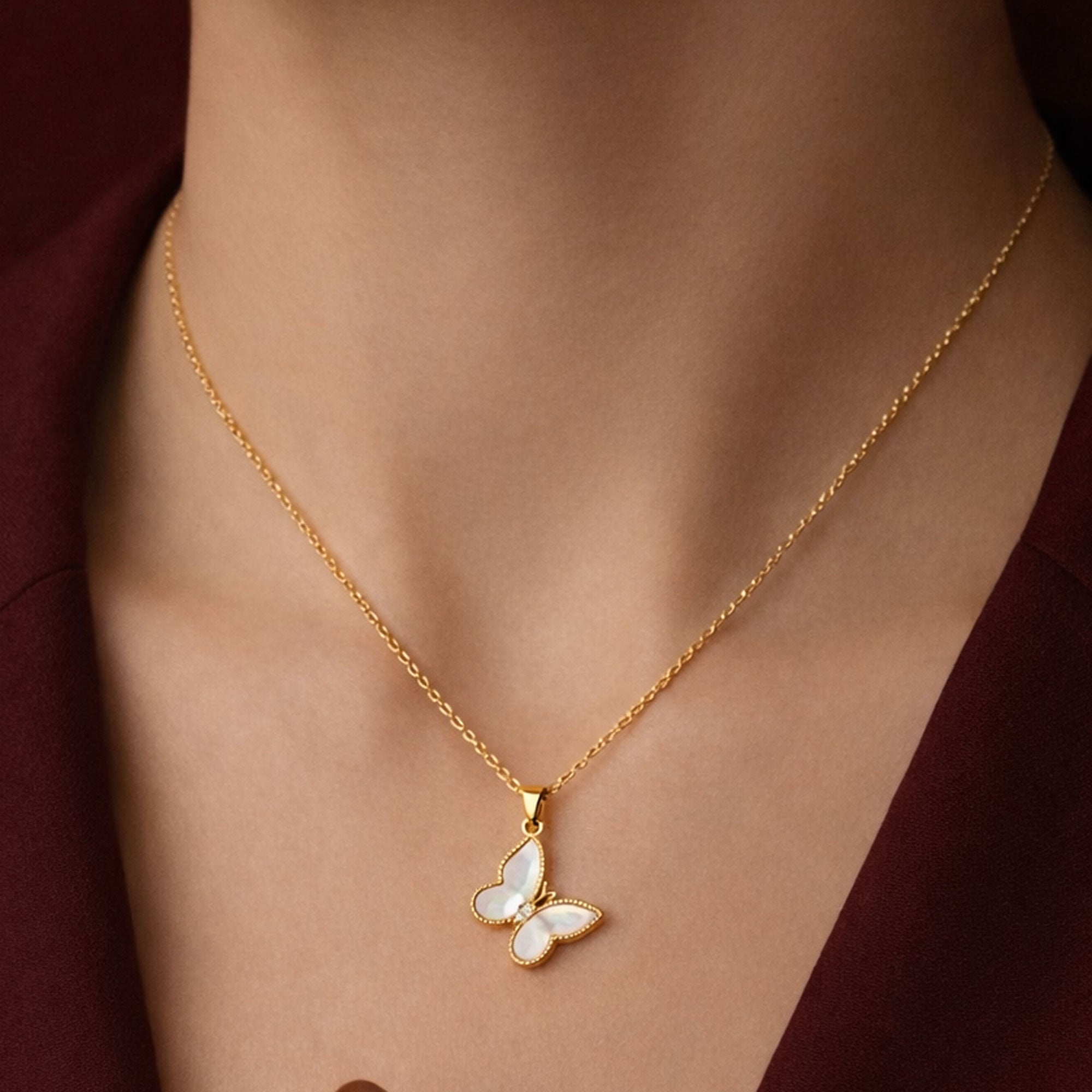 Artklim Gold Plated Butterfly Pearl Gold Pendant Necklace