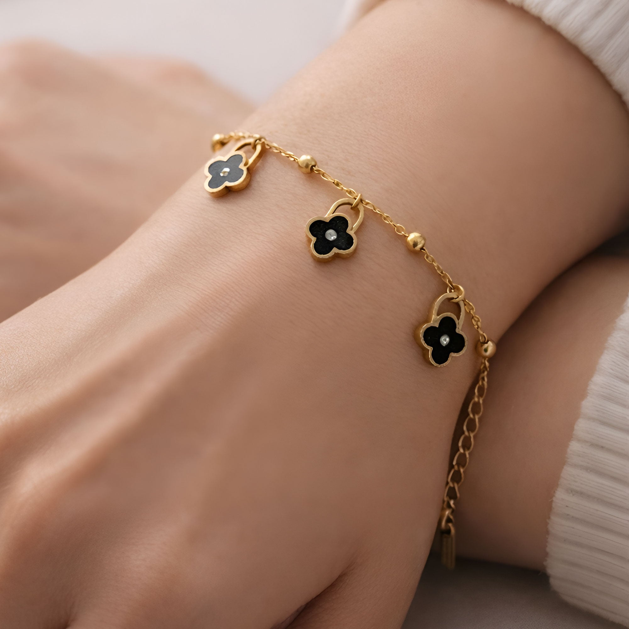Artklim Gold Plated Black Clover Charm Bracelet