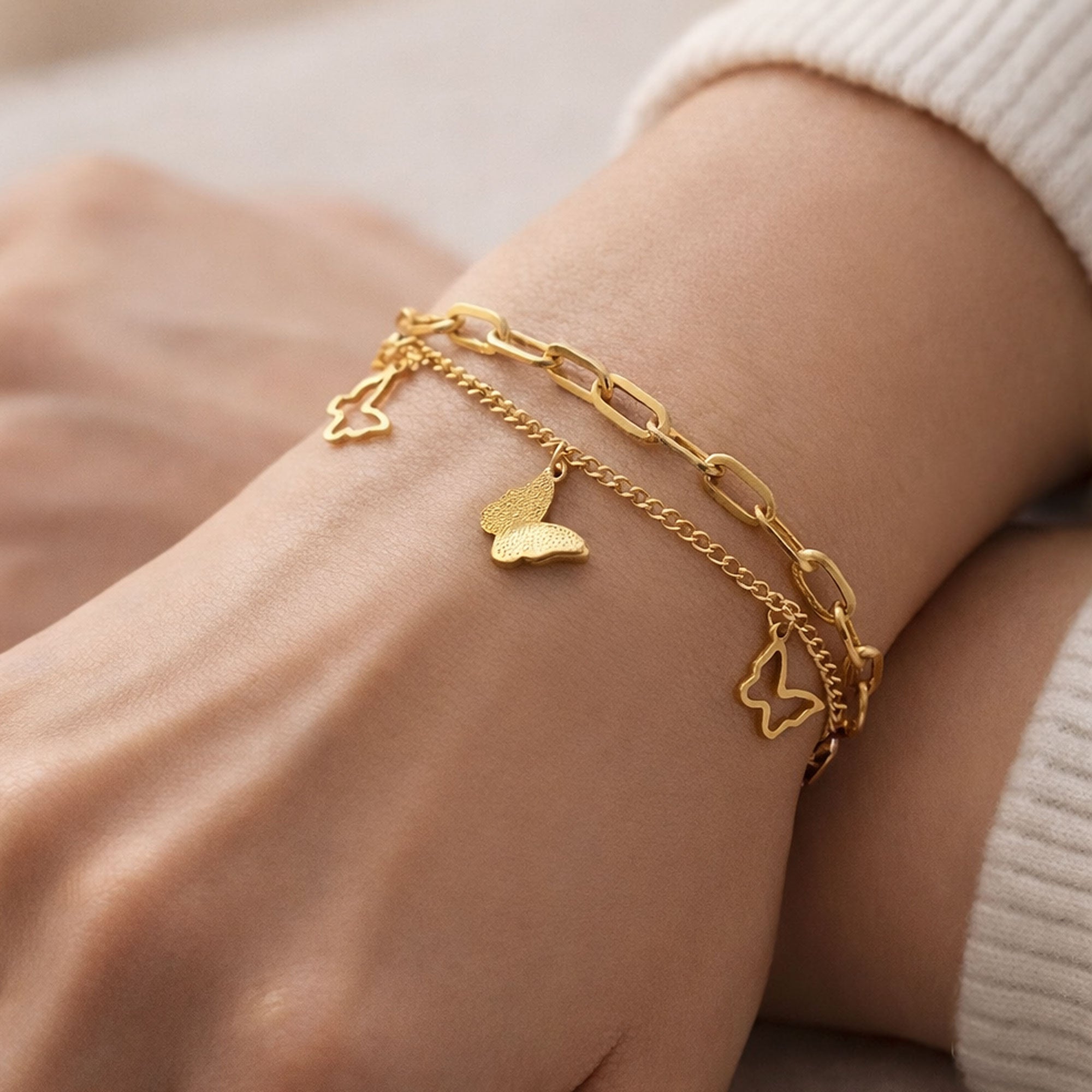 Artklim Gold Plated Layered Butterfly Charm Bracelet