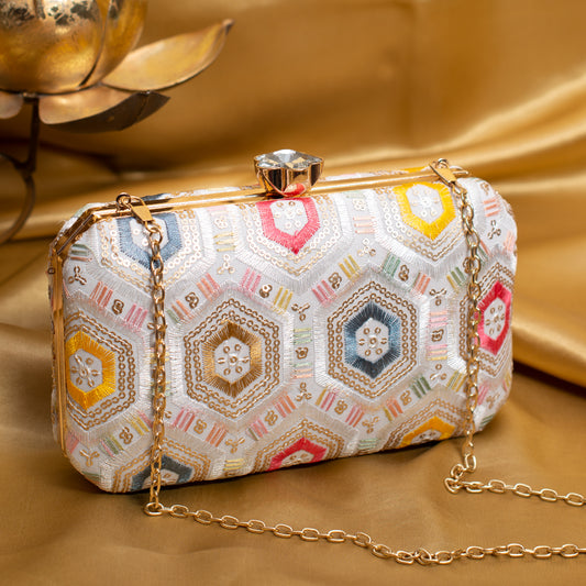 White Rectangle Sequins Embroidery Clutch