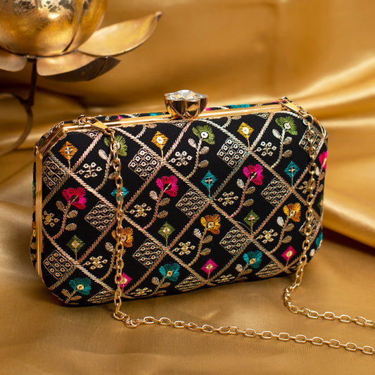 Black Sequins Floral Embroidery Party Clutch