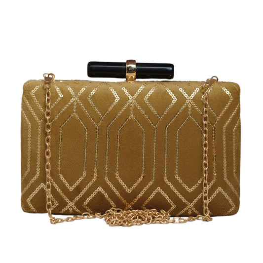 Golden Box Pattern Sequins Embroidery Clutch