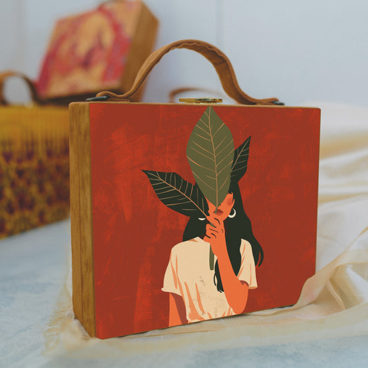 Girl With Leaves Printed Suitcase Style Clutch
