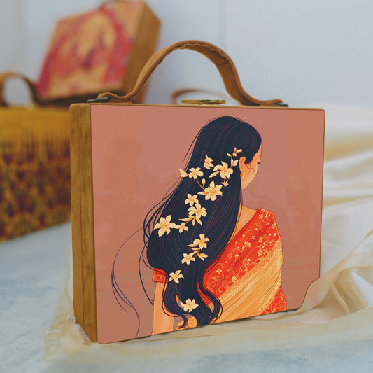 Floral Hair Girl Printed Suitcase Style Clutch