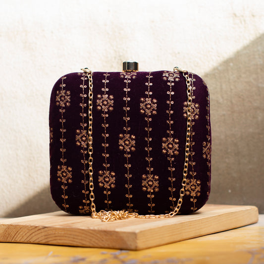 Wine And Golden Sequins Embroidery Clutch