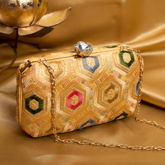 Golden Rectangle Sequins Embroidery Clutch