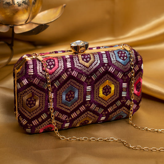 Wine Rectangle Sequins Embroidery Clutch