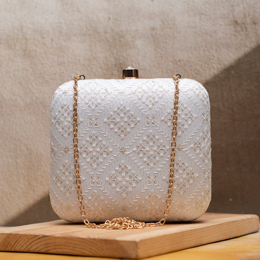 White Box Pattern Embroidery Party Clutch