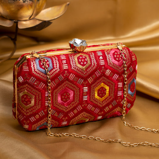 Red Rectangle Sequins Embroidery Clutch